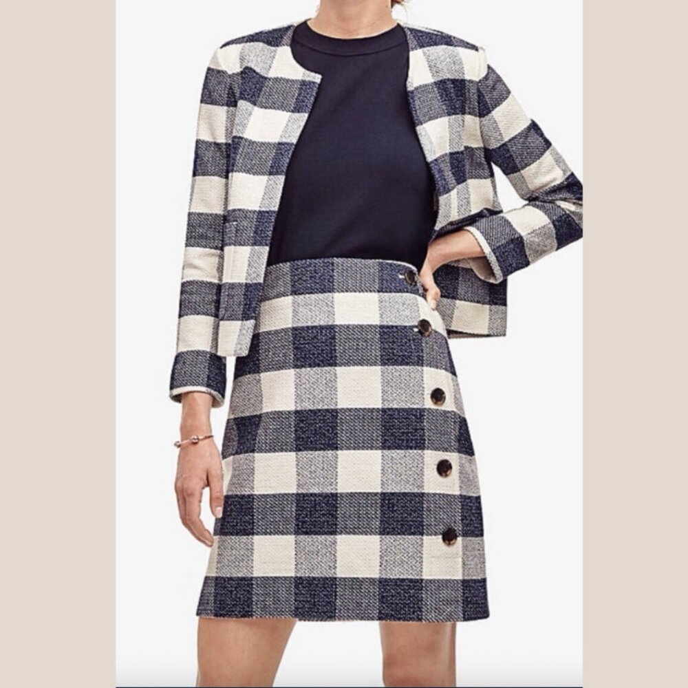 Ann Taylor Ivory Navy Checkered Skirt Jacket Suit Set Size 12